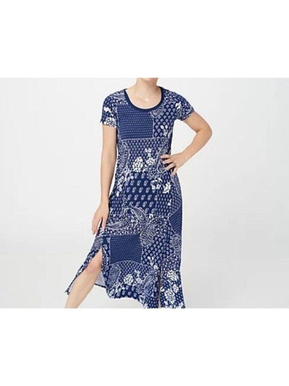 Cuddl Duds Flexwear Dress sz PS Short Sleeve Maxi Navy Patchwork A373537